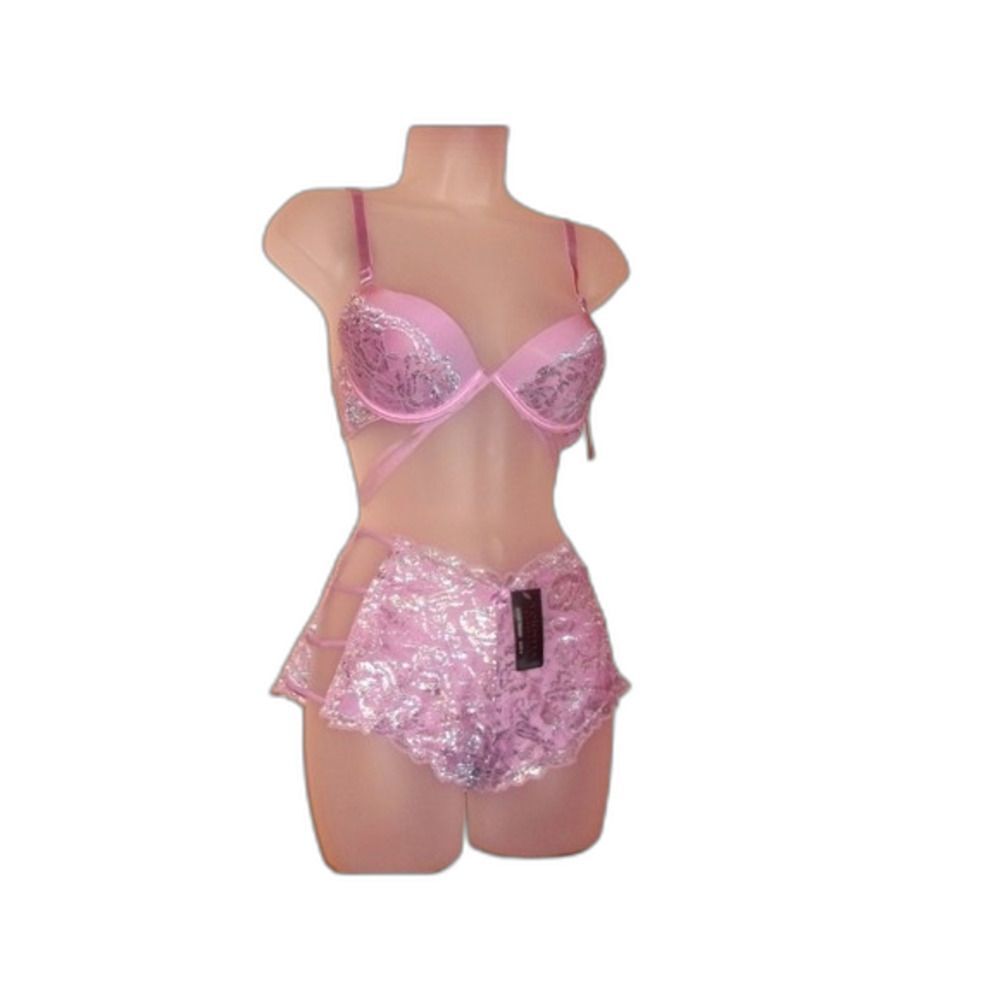 Youmita 36C Lavender Mist Metallic Lace Bra& Large Coordinating Boyshort NWT